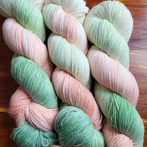 May include: Close-up of three skeins of yarn in a gradient of colors. The yarn is a mix of white, light green, and peach. The yarn is twisted and appears soft and fluffy. The background is a wooden surface.