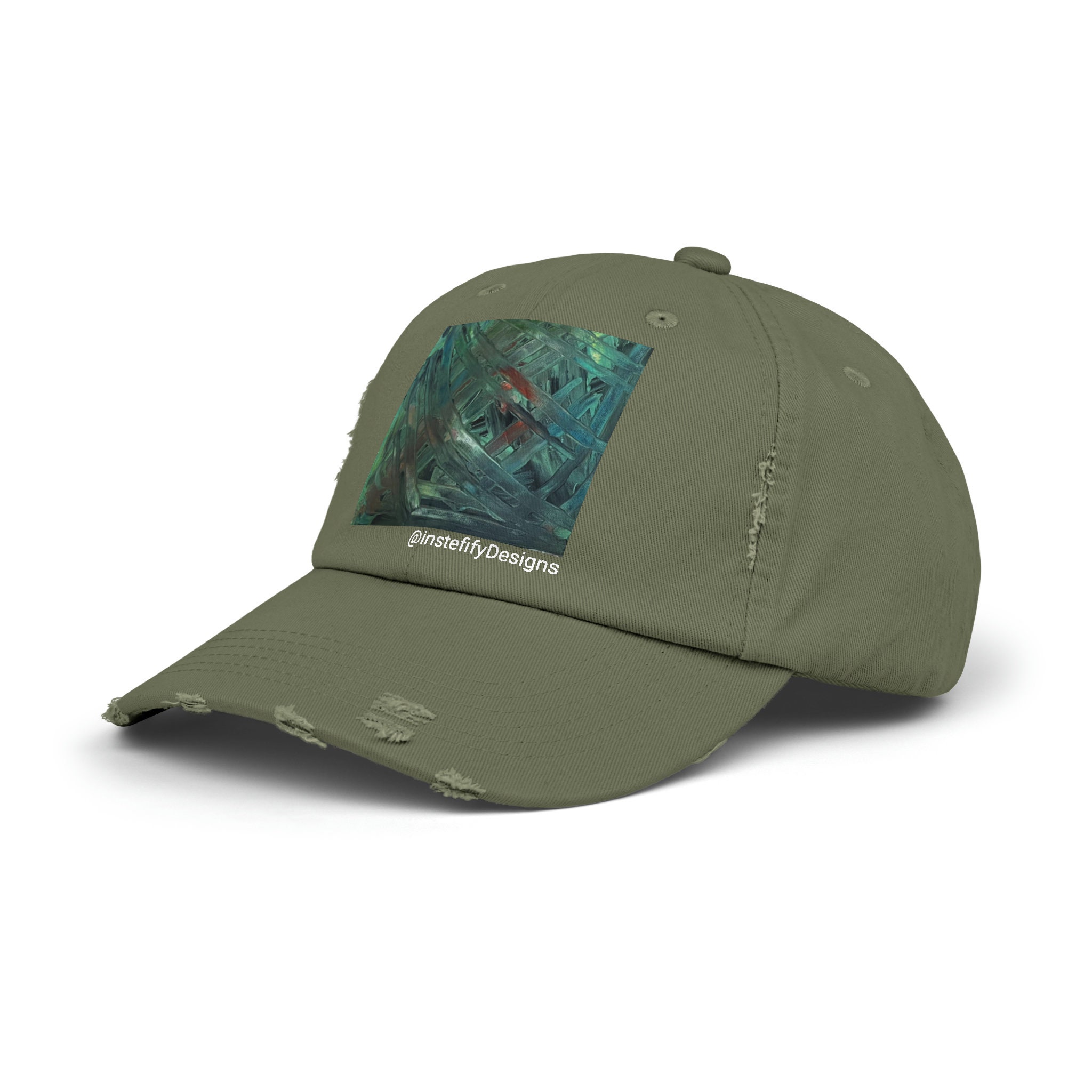 Art Inspired Distressed Cap, Abstract, Hat, Olive Green, Red  display picture 3