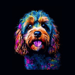 Könnte beinhalten: Ein farbenfrohes, abstraktes Gemälde eines braunen und weißen Hundes mit herausgestreckter rosa Zunge. Das Fell des Hundes ist in Blautönen, Grün, Lila und Gelb gemalt.