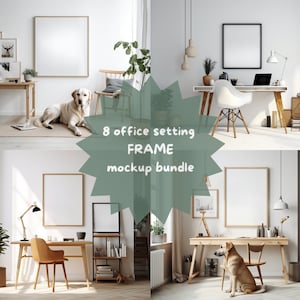 May include: A mockup bundle of 8 office setting frames. The frames are empty and ready for your design. The images show a variety of office settings, including a desk with a chair, a bookshelf, and a plant. There is also a dog in one of the images.