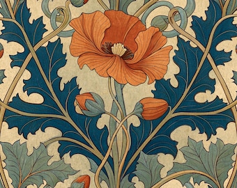 Art Nouveau Poppy Print. Framed Botanical Wall Art. Printed from the original 1910 design plates.