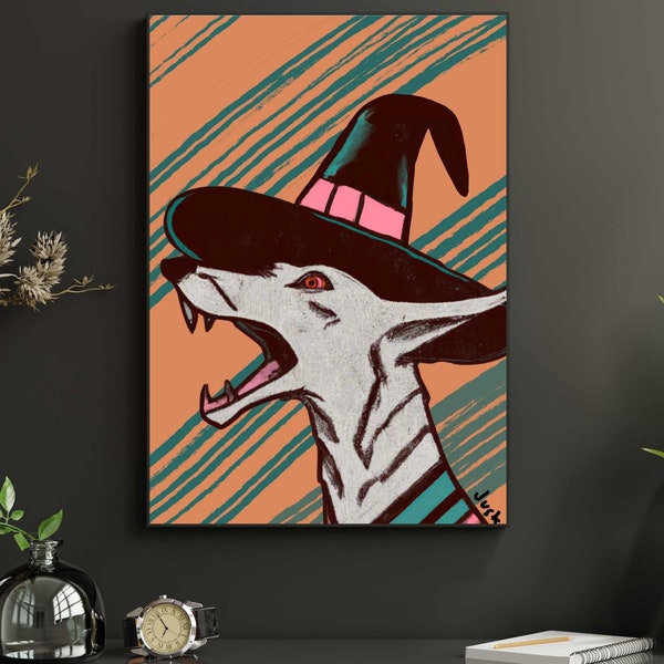 Dark Academia Witch Dog Art Print | Southwestern Lino Block Style | Vintage Aesthetic | Home Decor | Halloween Decor | Office Wall Art
