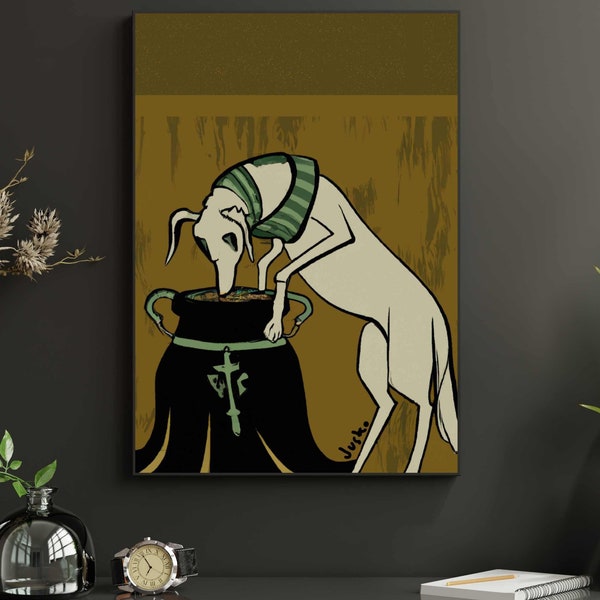 Halloween Dog Art Print | Witch Wizard | Southwestern Lino Block Style | Vintage Aesthetic | Home Decor | Halloween Decor | Wall Poster