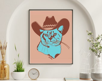 Cowboy Cat Print | Cowgirl Southwest Kitty Art | Funky Wall Decor | Nursery Office Gifting Bedroom