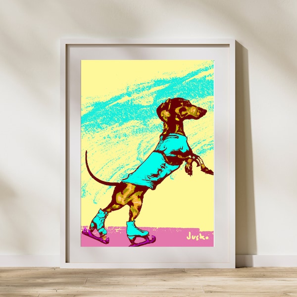 Pop Art Wiener Dog Ice Skating Print | Pink & Yellow Dachshund Art | Teckel / Dackel Illustration | Gift for Dog Parent | Dog Mom, Dog Dad