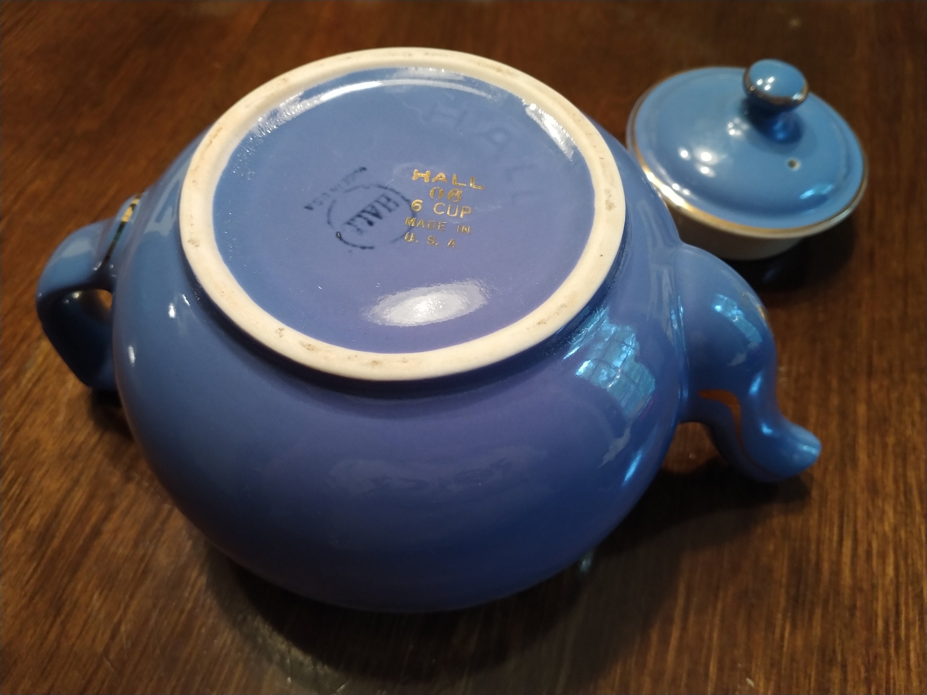 Vintage Hall Pottery Blue 6 Cup Boston/dresden Style China Teapot With