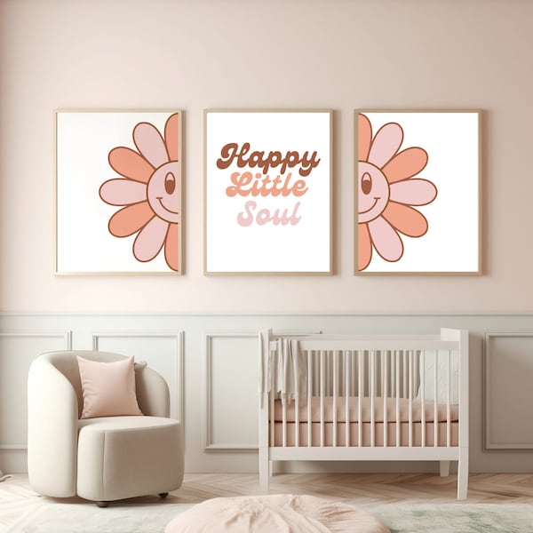 Nursery Printable Wall Art Set of 3, Daisy Wall Art, Boho Printables, Baby Girl Nursery Decor, Retro Girls Decor, kids wall art