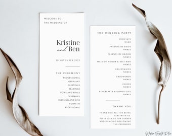 Minimalist Modern Wedding Program Template, Minimalist Order of Service, Printable Ceremony, DIY Program Card, Instant Download, Editable