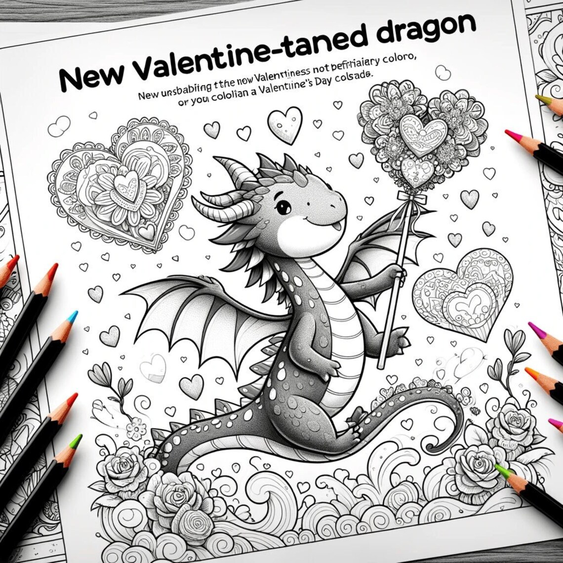 Valentine's Day Dragon Coloring Sheet Printable PDF SVG, Png, Eps, Dxf ...