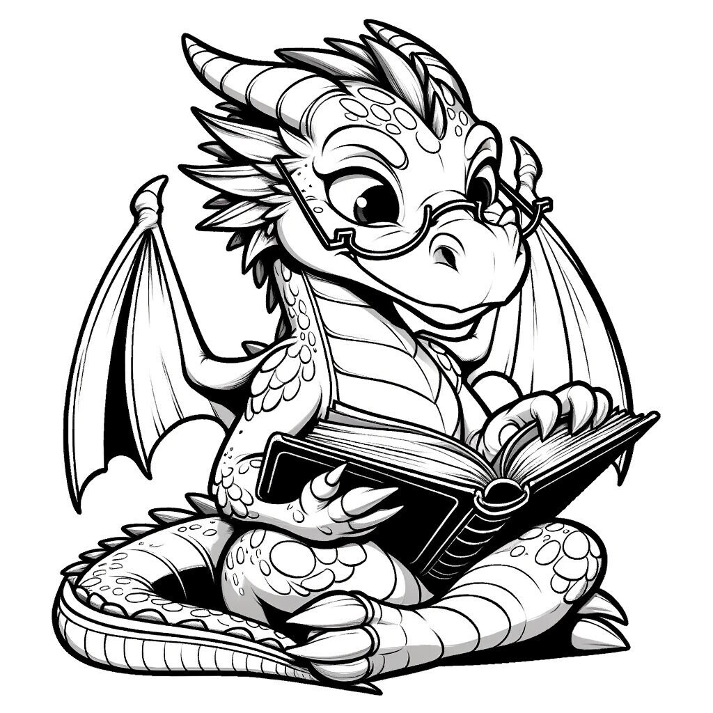 Literary Dragon Coloring Page, Book-loving Dragon Printable, Whimsical ...