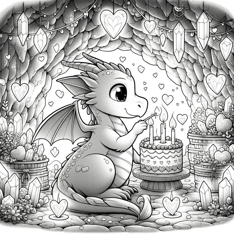 Magical Birthday Dragon Coloring Page, Kids Fantasy Celebration