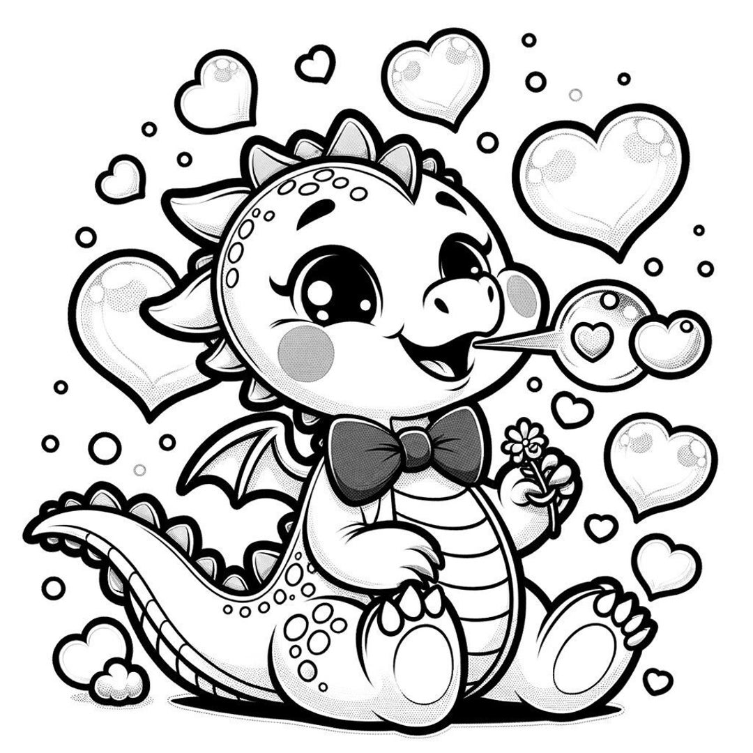 Gentleman Dragon Coloring Pages Plush With Heart Bubbles & Digital