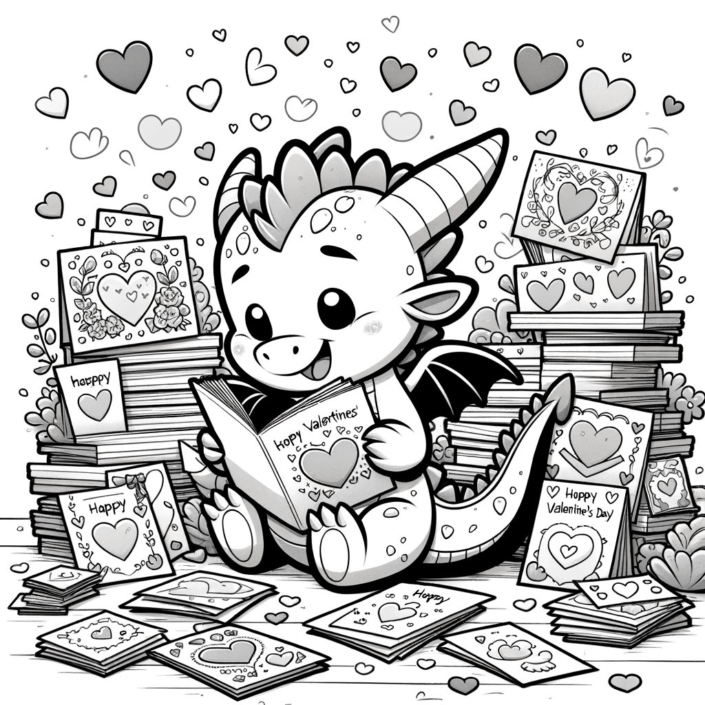 Book-loving Dragon Valentine Coloring Page, Dragon Reading Valentine