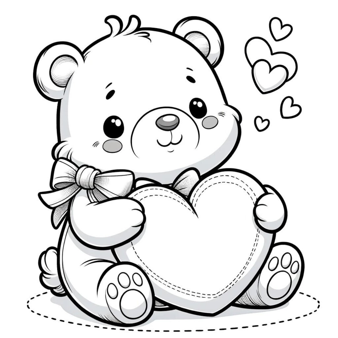 Adorable Teddy Bear Heart Coloring Page, Printable Cute Bear With Love