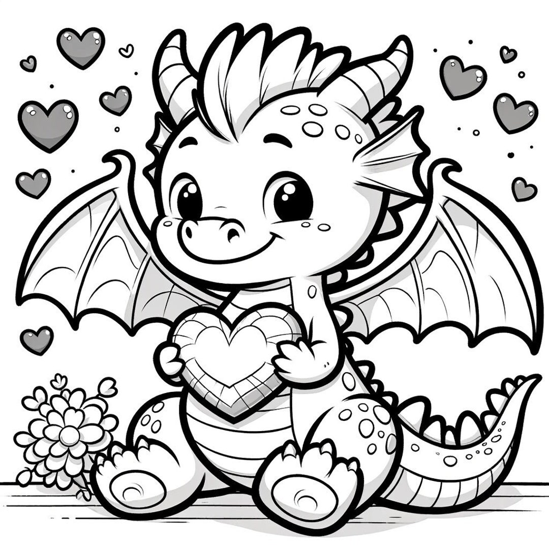 Lovable Baby Dragon With Heart Coloring Page, Cheerful Dragonling