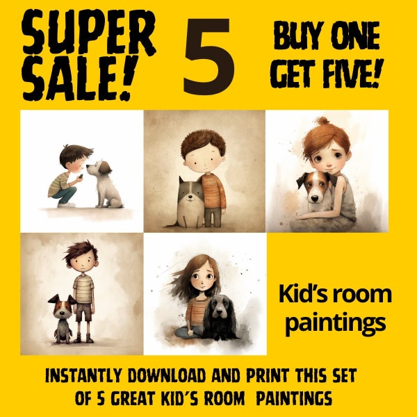 Bundle of 5 paintings, Girl with dog and boy with dog posters. A great wall art to delight your children and make your kids room happier.