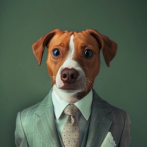 Può includere: Un cane marrone e bianco che indossa un abito grigio a righe sottili con una cravatta a fantasia marrone e bianca e un fazzoletto da taschino bianco.