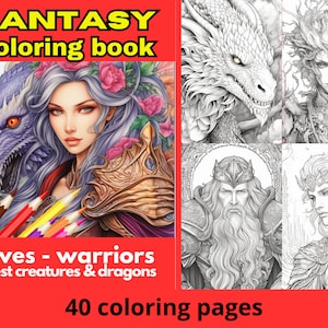Può includere: Un libro da colorare fantasy con 40 pagine da colorare che presentano elfi, guerrieri, creature della foresta e draghi. La copertina mostra una donna con i capelli lunghi viola e un drago, un guerriero con una corona, un drago e una donna con una corona di foglie.