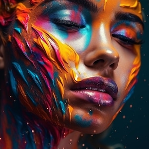 Può includere: Primo piano di un viso con trucco colorato. Il trucco è applicato con tratti spessi e testurizzati, creando un design vibrante e astratto. Gli occhi della persona sono chiusi e le sue labbra sono dipinte di un viola intenso.