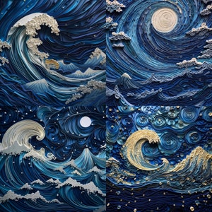 Può includere: Un'opera d'arte in carta blu e bianca che rappresenta un cielo notturno vorticoso con una grande luna e onde che si infrangono sulla riva. Il pezzo è composto da molti piccoli riccioli di carta intricati.