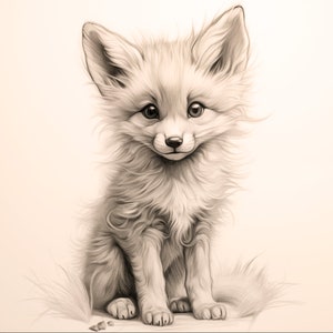 Impresión artística de zorro cachorro para imprimir, dibujo a lápiz de zorro rojo cachorro, arte de pared, boceto de animal de decoración de bosque, póster de vida silvestre, descarga instantánea
