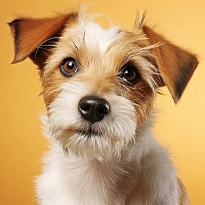 Può includere: Primo piano di un piccolo cane bianco e marrone con un viso peloso. Il cane ha gli occhi marroni e il naso nero. Il cane sta guardando direttamente la fotocamera.