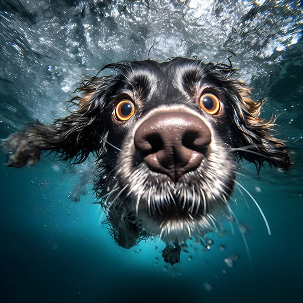 Dog under water is a funny animal portrait that will bring a touch of joy to the house. Original gift for pet lovers and dog lovers