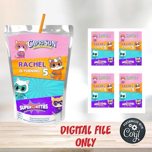 Printable Superkitties Capri Sun Label, Corjl Editable (Digital File Only)