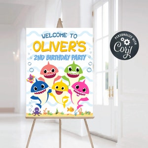 Letrero de bienvenida de cumpleaños personalizado, letrero de bienvenida de tiburón, decoración de fiesta de bebé, póster de bienvenida personalizado de tiburón imprimible, letrero editable Corjl