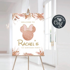 Boho Minnie Mouse Birthday Welcome Sign: Editable Floral Party Decor (Digital File)