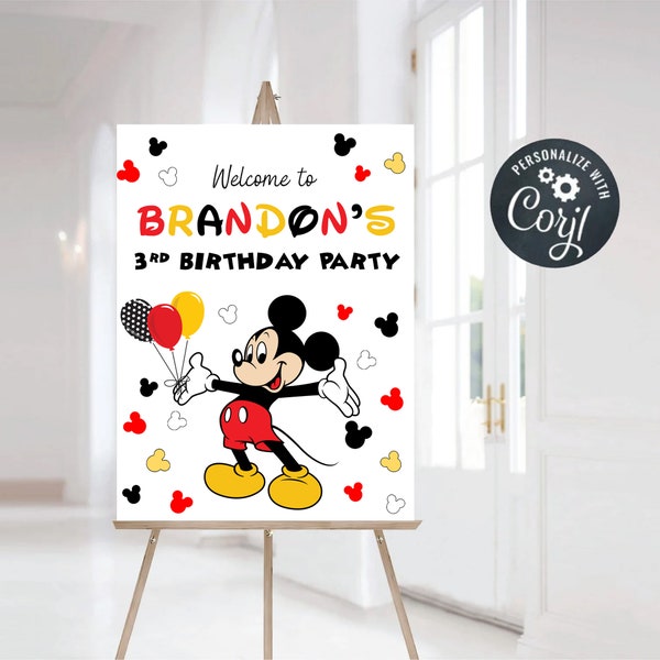 Mickey Mouse Birthday Welcome Sign, Mickey Mouse Custom Birthday Welcome Sign,Personalized Mickey Mouse Welcome Sign, Digital File Only