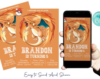 Invitation d'anniversaire Charizard - Charizard Party Mobile Phone Text Invitation - SMS Invite - Digital Invitation - Digital File Only