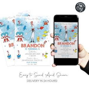 Printable  The Cat In The Hat Invitation, The Cat In The Hat Birthday Invitation, The Cat In The Hat Party , Digital File Only