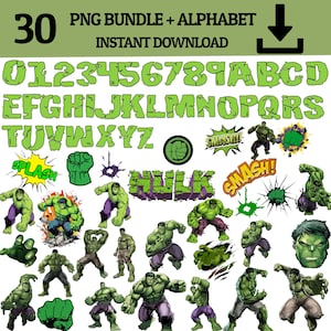 Download immediato Hulk 30 PNG+ Alfabeto, Forniture per feste Hulk, Decorazione per torta Hulk, Kit per feste Hulk Clipart