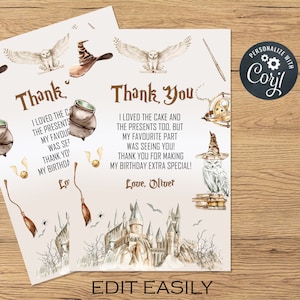 Wizard Thank You Cards Birthday Party Printable Editable Template Corjl Wizard Digital or Printed Gift Tag