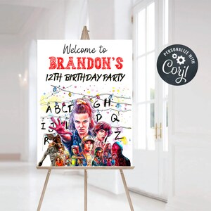 STRANGE WELCOME SIGN, Strange Birthday Party Boy Welcome poster Printable, Strange  Custom Sign- Editable Sign Corjl