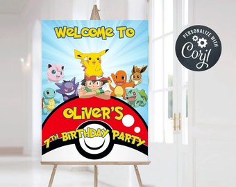 Pikachu Birthday Welcome Sign, Poke Custom Birthday Welcome Sign, Personalized Pikachu Welcome Sign, Charizard Welcome Sign
