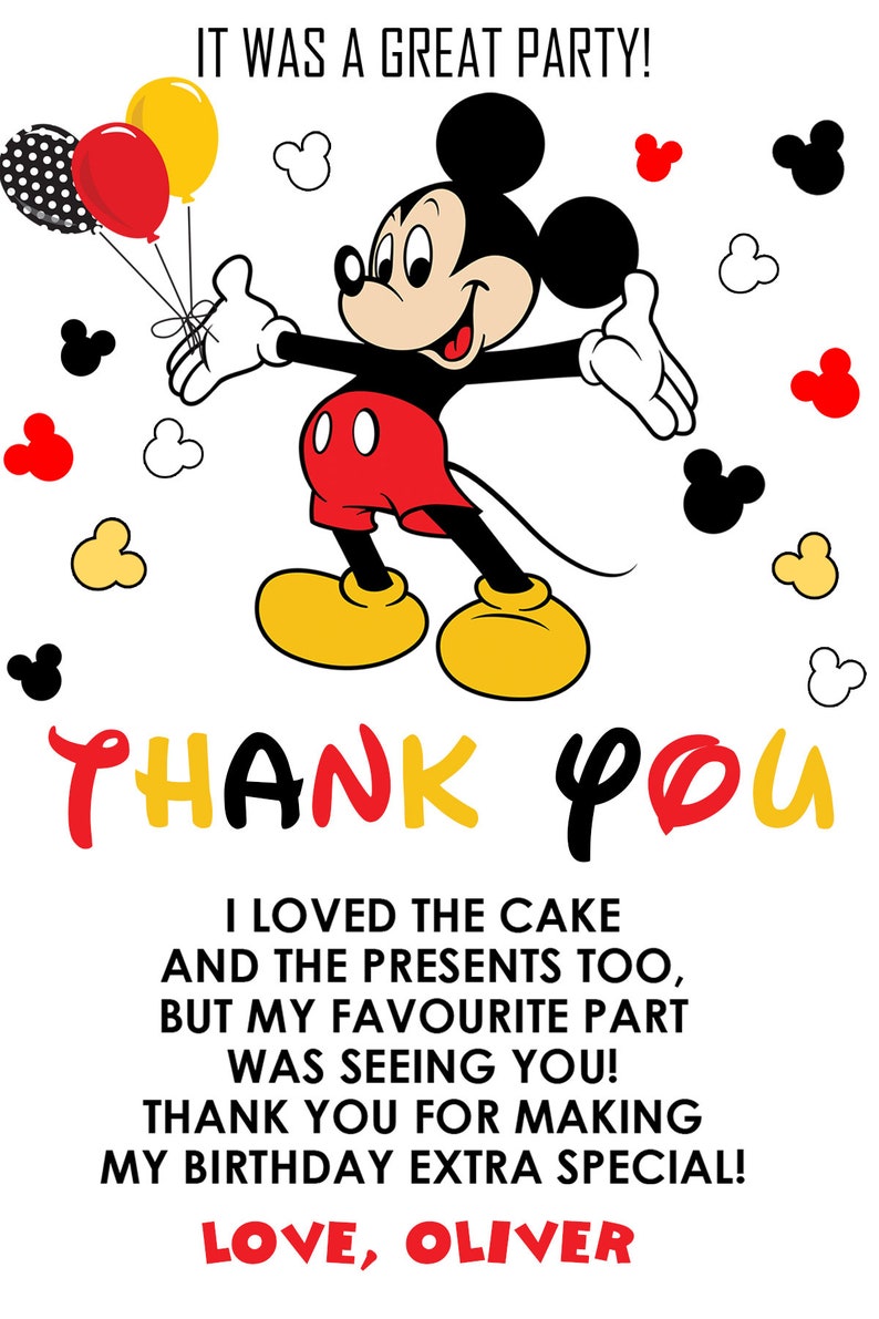 Mickey Mouse Thank You Cards Birthday Party Printable Editable - Etsy
