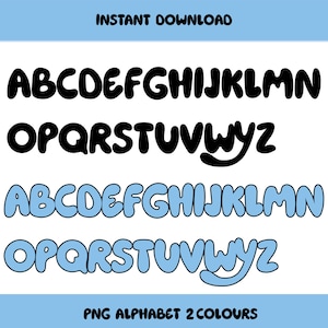 Paquete de fuentes PNG del alfabeto de Blue Dogy Friends, fuente alfa de letras de personajes de Blue Dogs, letras de garabatos, diseños de conjuntos alfa de sublimación, fuente de perro