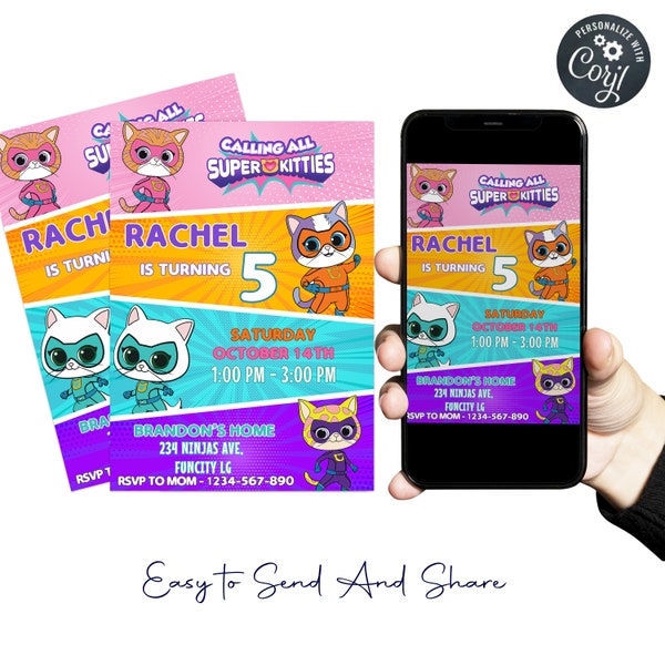 Super Kitties Invitation Template | Editable Birthday Party Invitation | Digital Kids Party Invite Template |Kids Party Invite Super Kitties