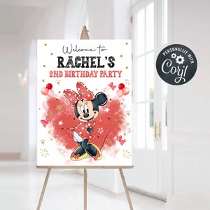 Letrero de bienvenida de cumpleaños de Minnie Mouse, letrero de bienvenida de cumpleaños personalizado de Minnie Mouse en rojo, letrero de bienvenida de Minnie Mouse en rosa (solo archivo digital)