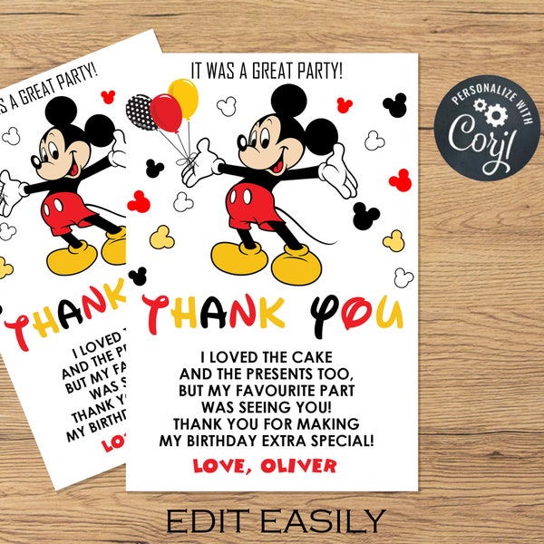 Mickey Mouse Thank You Cards - Etsy