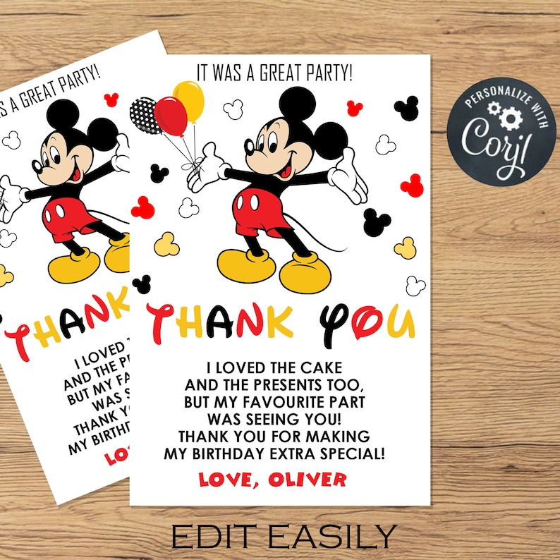 Mickey Mouse Thank You Cards Birthday Party Printable Editable - Etsy