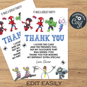 Spidey and His Amazing Friends Thank You Card Birthday Party Boy Superhero Decoration Printable Editable Template Digital Printed Gift Tag