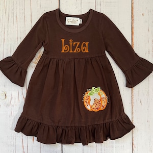 Personalized Girl’s Brown Dress Thanksgiving Pumpkin, Embroidery Children’s, Kid’s, Toddler, Girls Outfit, Monogrammed Girls Holiday Clothes