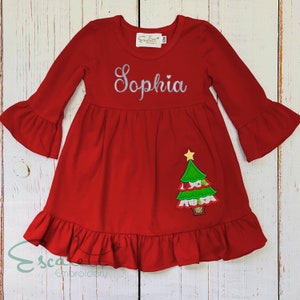 Personalized Girls Christmas Dress: Embroidered Tree, Ruffle Long-Sleeved Outfit