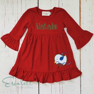 Personalized Red Christmas Dress: Embroidered Bird, Monogrammed Holiday Outfit