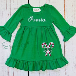 Personalized Christmas Dress: Embroidered Candy Cane Green Outfit