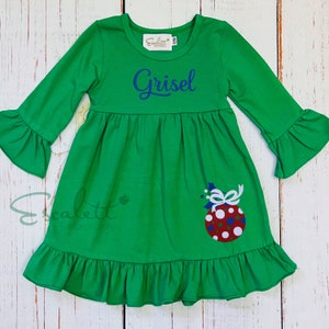 Personalized Green Christmas Dress: Embroidered Ornament, Monogrammed Holiday Outfit