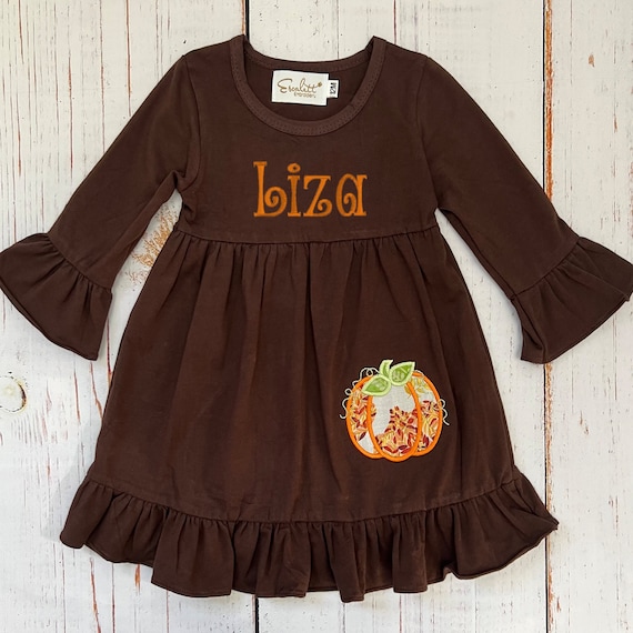 Personalized Girl's Thanksgiving Dress: Embroidered Pumpkin Outfit